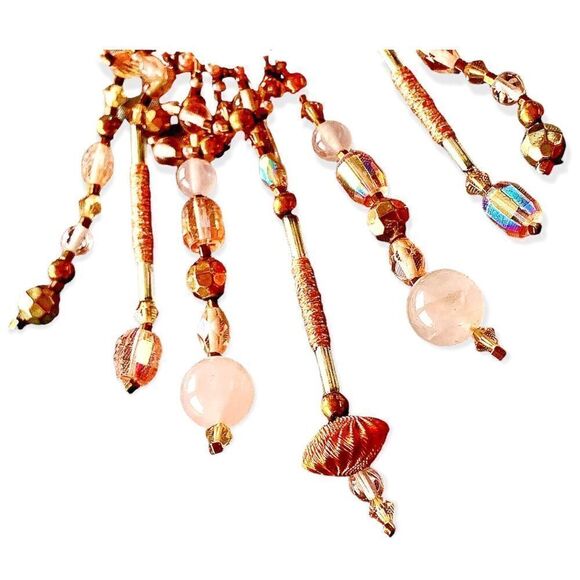 Vintage Pink Agate gold Swarovski Crystal hand beaded festoon style 5”x 2” pin - Picture 5 of 13